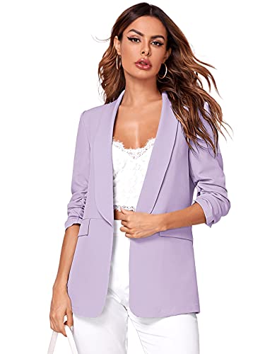 DIDK Damen Blazer Elegant 3/4 Arm Cardigan Open Front Casual Schalkragen Herbst Jacke Gerüscht Büro Blazers Violett L von DIDK