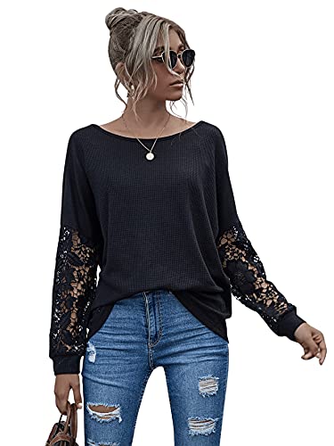 DIDK Damen Pullover mit Spitzenarm Casual Oberteile Langarmshirt Sweatshirt Pulli Spitzentops Shirts Basic Schwarz S von DIDK