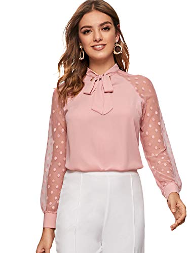 DIDK Damen Blusen Stehkragen Chiffonbluse Oberteil Tunika Netz Ärmel mit Schleife Langarm Bluse Shirts Elegant Tops Basic Hemd Pink M von DIDK