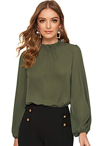 DIDK Damen Blusen Stehkragen Chiffonbluse Oberteil mit Laternen Ärmel Elegant Langarmshirt Langarm Hemd Einfarbig Tops Pullover Armeegrün L von DIDK