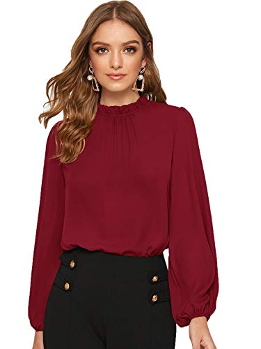 DIDK Damen Blusen Stehkragen Chiffonbluse Oberteil mit Laternen Ärmel Elegant Langarmshirt Langarm Hemd Einfarbig Tops Pullover Bordeaux XL von DIDK