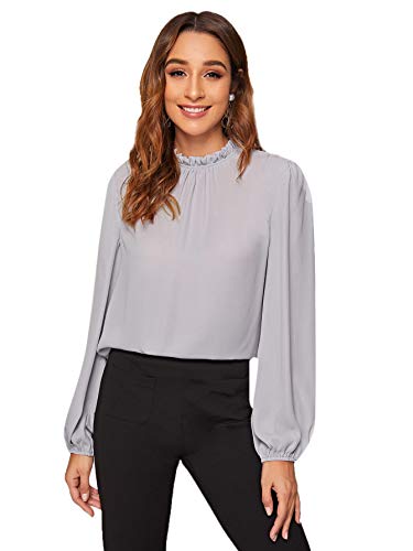 DIDK Damen Blusen Stehkragen Chiffonbluse Oberteil mit Laternen Ärmel Elegant Langarmshirt Langarm Hemd Einfarbig Tops Pullover Grau L von DIDK