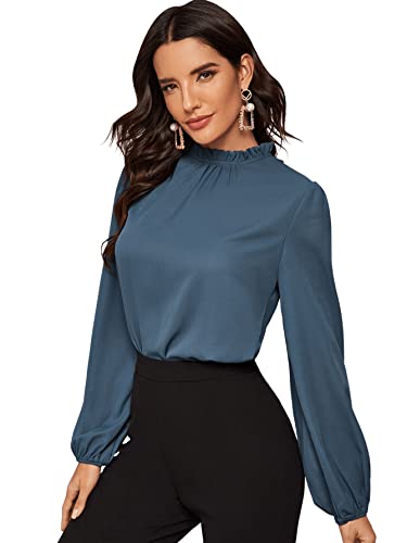 DIDK Damen Blusen Stehkragen Chiffonbluse Oberteil mit Laternen Ärmel Elegant Langarmshirt Langarm Hemd Einfarbig Tops Pullover Graublau S von DIDK