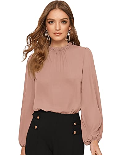 DIDK Damen Blusen Stehkragen Chiffonbluse Oberteil mit Laternen Ärmel Elegant Langarmshirt Langarm Hemd Einfarbig Tops Pullover Rosa-Grau L von DIDK