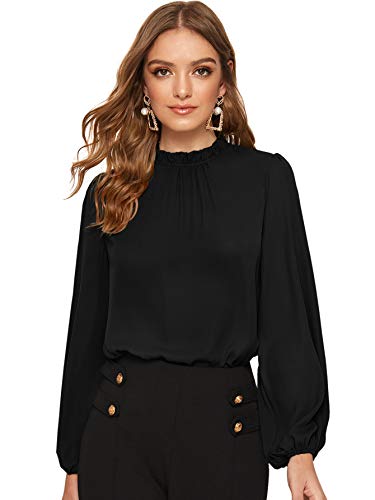 DIDK Damen Blusen Stehkragen Chiffonbluse Oberteil mit Laternen Ärmel Elegant Langarmshirt Langarm Hemd Einfarbig Tops Pullover Schwarz L von DIDK