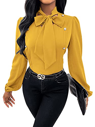 DIDK Damen Blusen Stehkragen Oberteil Elegant Bluse Casual Top Hemdbluse Langarm Tunika mit Schleife am Ausschnitt Gelb M von DIDK