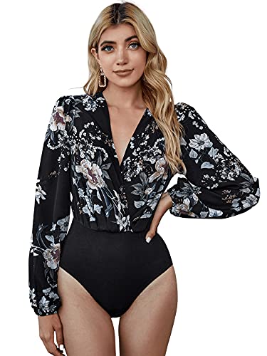 DIDK Damen Body V-Ausschnitt mit Floral/Dot Muster Langarm Blusebody Frühling Herbst Bodie Schwarz mit Blumenmuster M von DIDK