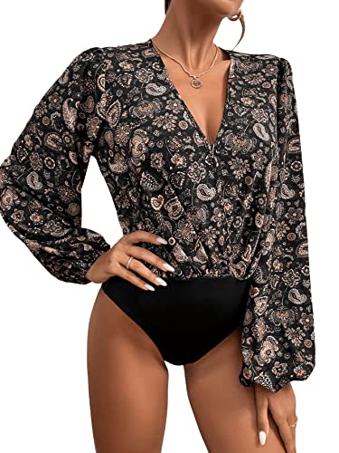 DIDK Damen Body V-Ausschnitt mit Floral/Dot Muster Langarm Blusebody Frühling Herbst Bodie Schwarz mit Plant L von DIDK