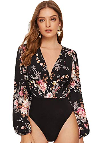 DIDK Damen Body V-Ausschnitt mit Floral/Dot Muster Langarm Blusebody Frühling Herbst Bodies Floral XL von DIDK