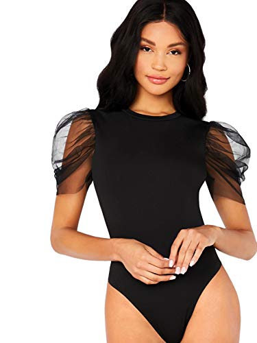 DIDK Damen Body mit Mesh Ärmeln Bodysuit Oberteil Sommer Bodies Unterwäsche Schmal Top Overall Schwarz M von DIDK