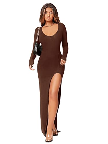 DIDK Damen Bodycon Freizeitkleid Elegant Langarm Maxikleid V-Ausschnitt Figurbetont Partykleid mit Schlitz Schokoladenbraun L von DIDK