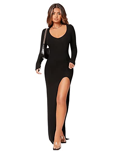 DIDK Damen Bodycon Freizeitkleid Elegant Langarm Maxikleid V-Ausschnitt Figurbetont Partykleid mit Schlitz Schwarz L von DIDK