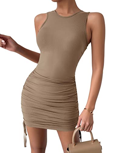 DIDK Damen Bodycon Minikleid Tank Kurze Kleider Figurbetontes Freizeitkleid Trägerkleid mit Schnürzug Khaki XS von DIDK