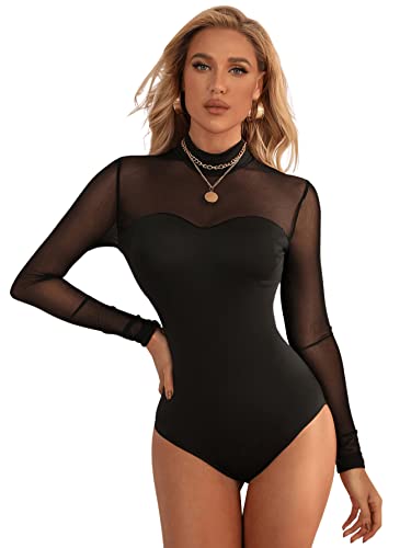 DIDK Damen Bodysuit Stehkragen Einfarbig Elegant Bodies Body Bodysuits Durchsichtiges Netz Langarm T-Shirt Casual Schwarz#12 S von DIDK