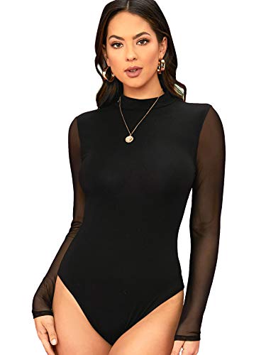 DIDK Damen Bodysuit Stehkragen Einfarbig Elegant Bodies Body Bodysuits Durchsichtiges Netz Langarm T-Shirt Casual Schwarz#9XS von DIDK