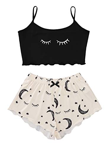 DIDK Damen Cami Schlafanzug Set Spaghettiträger Crop Top Short Sets Süßer Pyjama Sommer Schlafanzüge Schlafi Schwarz-Beige L von DIDK