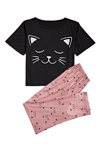 DIDK Damen Carton Kurzarm Shirt Lange Schlafanzughose Pajamahose Pajama Schlafanzug Set Hosensets Schwarz Hellrosa M von DIDK