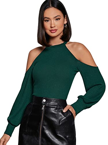 DIDK Damen Cold Shoulder Oberteil Elegant Langarmshirt Rippenstrick T-Shirt Kurz Tops Dunkelgrün L von DIDK