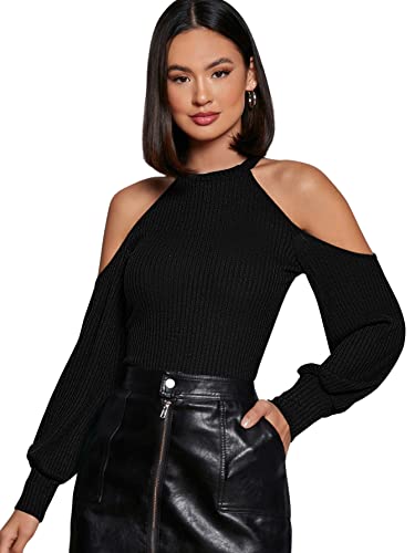 DIDK Damen Cold Shoulder Oberteil Elegant Langarmshirt Rippenstrick T-Shirt Kurz Tops Schwarz M von DIDK