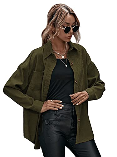 DIDK Damen Cord Hemd Blusen Cordjacke Freizeit BF Jacken Overshirt Hemdbluse Casual Langarm Top Outwear dünne Jacke mit Taschen Armeegrün S von DIDK