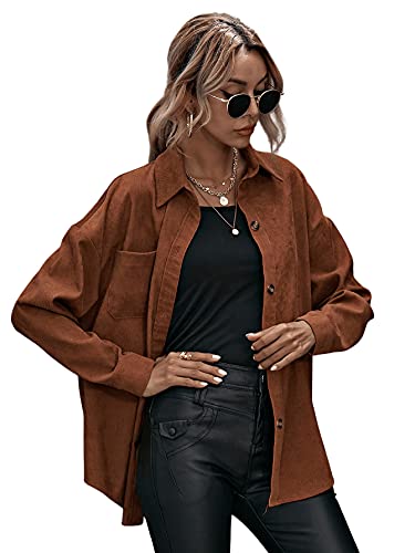 DIDK Damen Cord Hemd Blusen Cordjacke Freizeit BF Jacken Overshirt Hemdbluse Casual Langarm Top Outwear dünne Jacke mit Taschen Braun L von DIDK