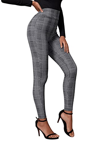 DIDK Damen Crop Kariert Leggings Elastischer Bund Casual Sommerhose Skinny Hosen mit Plaid Schmal Pants Basic Grauer Plaid L von DIDK