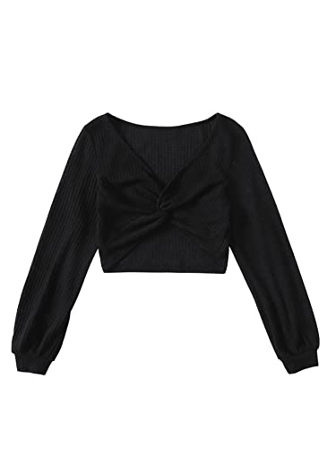 DIDK Damen Crop Langarm T-Shirt mit Twist vorn V Ausschnitt Strick Cropshirts Langarmshirt Texturiertes Tops Herbstshirt Langarm Pullover Schwarz S von DIDK