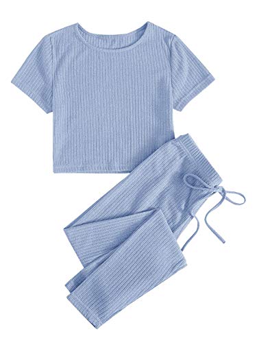 DIDK Damen Crop Oberteil und Leggings Sets 2 Piece Bauchfrei Tops Kurzarmshirt Hosen Hauseanzug Kombi Zweiteilerset Home Set Baby Blau XS von DIDK