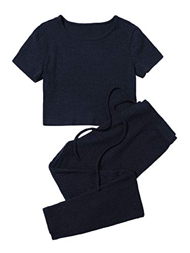 DIDK Damen Crop Oberteil und Leggings Sets 2 Piece Bauchfrei Tops Kurzarmshirt Hosen Hauseanzug Kombi Zweiteilerset Home Set Marineblau XS von DIDK