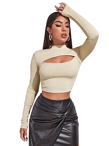 DIDK Damen Crop Shirt T-Shirt Cut Outs Casual Tops Oberteil Stehkragen Bauchfrei Langarmshirts Langarmtops Pullove Lässig T-Shirts Beige L von DIDK