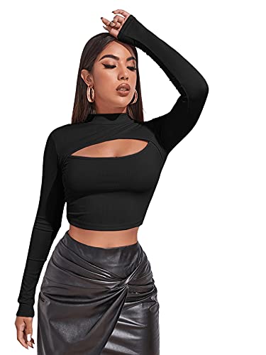 DIDK Damen Crop Shirt T-Shirt Cut Outs Casual Tops Oberteil Stehkragen Bauchfrei Langarmshirts Langarmtops Pullove Lässig T-Shirts Schwarz XS von DIDK