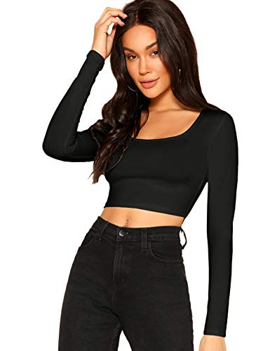 DIDK Damen Crop Shirt T-Shirt Langarm Casual Tops Oberteil Pullove Sweatshirt Langarmshirts Langarmtops Lässig T-Shirts Bauchfrei Schwarz mit U-Boot M von DIDK