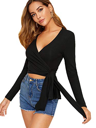 DIDK Damen Crop Shirt Wickel Tops Langarm Oberteil Strick Langarmshirts Wickelshirts mit Band V Ausschnitt Casual Pullover Schwarz XS von DIDK