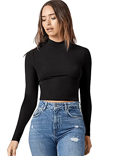 DIDK Damen Crop T-Shirt Stehkragen Bauchfrei Pullover Basic Slim Shirts Cropped Pulli Schwarz M von DIDK