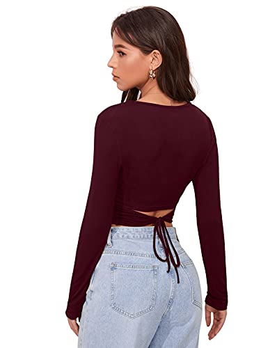 DIDK Damen Crop T-Shirt Top Langarmshirt Tops Slim Oberteil Rundhals Casual Shirts mit Band Hinten Bordeaux S von DIDK