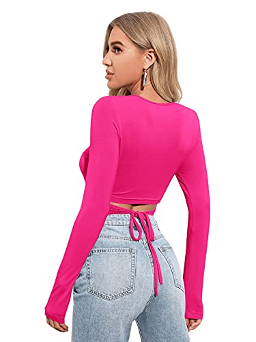 DIDK Damen Crop T-Shirt Top Langarmshirt Tops Slim Oberteil Rundhals Casual Shirts mit Band Hinten Heißes Pink XS von DIDK