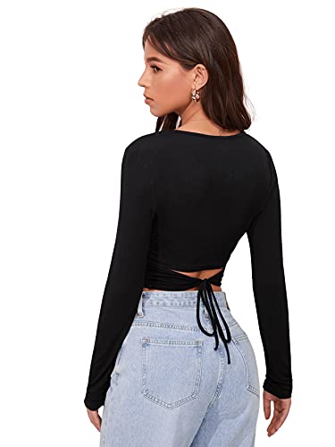 DIDK Damen Crop T-Shirt Top Langarmshirt Tops Slim Oberteil Rundhals Casual Shirts mit Band Hinten Schwarz L von DIDK