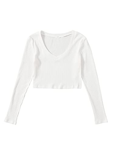 DIDK Damen Crop T-Shirt V-Ausschnitt Strick Langarmshirt Cropped Oberteil Bauchfrei Tops Weiß XL von DIDK
