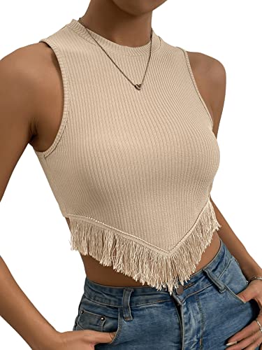 DIDK Damen Crop Tank Top Bauchfrei Tops Camilose Rippenstrick Kurz Oberteil mit Fransen Aprikosenfarben L von DIDK