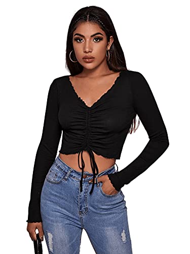 DIDK Damen Crop Top Bauchfrei Oberteile mit Kordelzug Langarmshirts V Ausschnitt Kurz Shirt mit Wellensaum Schwarz S von DIDK