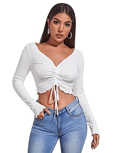 DIDK Damen Crop Top Bauchfrei Oberteile mit Kordelzug Langarmshirts V Ausschnitt Kurz Shirt mit Wellensaum Weiß L von DIDK