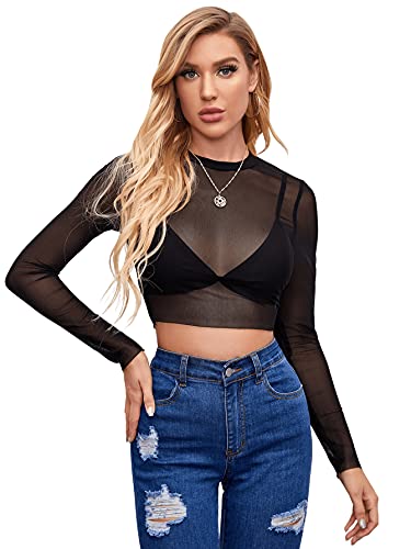 DIDK Damen Crop Top mit Transparenten Netsztoff Langarm Cropshirt Oberteile T-Shirt Casual Party Shirts Schwarz XS von DIDK