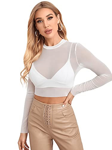 DIDK Damen Crop Top mit Transparenten Netsztoff Langarm Cropshirt Oberteile T-Shirt Casual Party Shirts Weiß S von DIDK