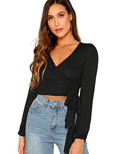 DIDK Damen Crop Tops Bauchfrei T-Shirts Wrap Langarmshirt Wickeln Shirts V-Ausschnitt Langarm Oberteile Pullover Einfarbig Top Schwarz S von DIDK