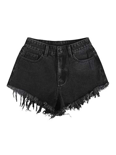 DIDK Damen Denim Shorts Jeansshorts Basic Shorts Kurze Hosen High Waist Kurze Hose mit Quaste Hotpants Shorts Schwarz M von DIDK