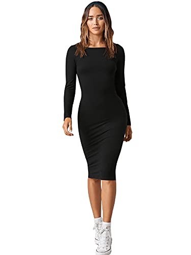 DIDK Damen Einfarbig Midikleid Langarm Kleid Bleistift Casualkleid Frezeitkleid Rundhals Herbst Kleider Knielang Schwarz L von DIDK