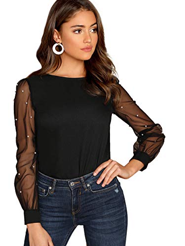 DIDK Damen Elegant Blusen Chiffonbluse Rundhals Einfarbig Langarmshirts Perlenbesetztes Mesh-Oberteile Mit Perlen Schwarz L von DIDK