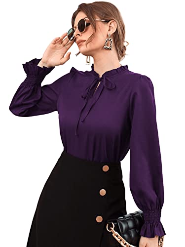 DIDK Damen Elegant Blusen Rüschen Shirts Bluse Langarmshirts OL Business Oberteile mit Schleife Violett XL von DIDK