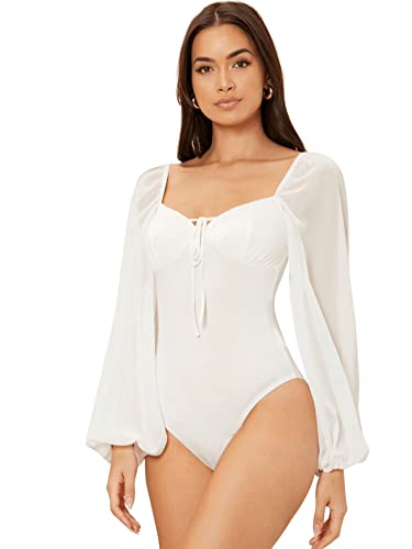 DIDK Damen Elegant Bodysuit Mesh Laternenärmeln Bodys Einfarbig Oberteil Herzausschnitt Langarm Bodies Weiß M von DIDK