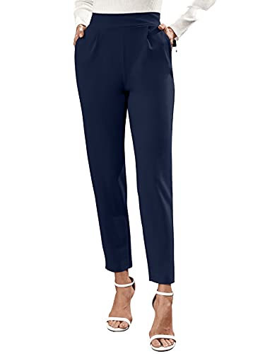 DIDK Damen Elegant Hose Lange Hohe Taille Schmal Hosen Einfarbig Anzughose Büro Pants mit Taschen Marineblau L von DIDK